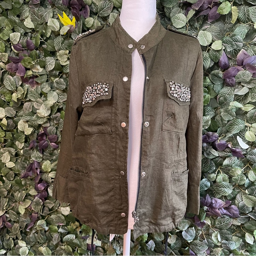 Women’s Jacket Shirt Army Green Pockets Full Zip Snap Linen fit S/M
